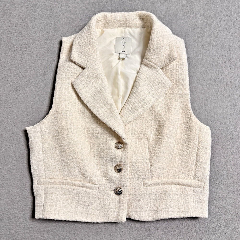 Joie Vest Womens Size 4 Ivory Tweed Cropped Button‎ Career Preppy Chic
